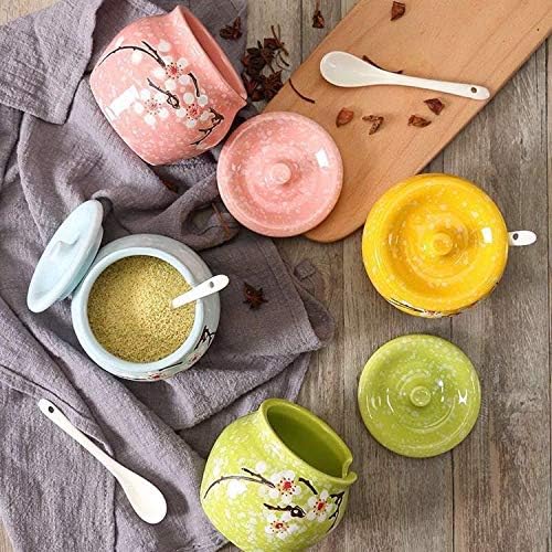 Ceramic Flower Sugar Bowl Seasoning Pot Salt Storage Jar with Lid Spoon
