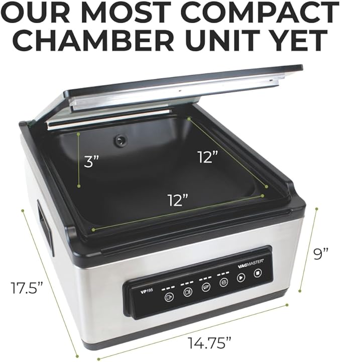VacMaster VP195 Chamber Vacuum Sealer, 2-in-1 Sealing Power, Dual Function Chamber & External Sealing, Internal for Pouches 12"x12", External for Textured Pouches 12" & Longer, Stainless Steel