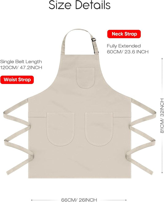 Unisex Apron with Pockets for Cooking, Salon & Art - 100% Cotton Adult Kitchen, Chef, Stylist Apron (Beige)