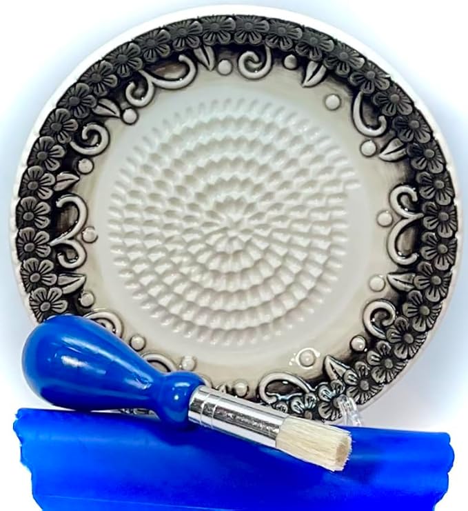 All-in-one Premium Ceramic Garlic Grater Plate 4-Piece Set - Black Embossed Design and Style - For Garlic, Ginger, Chocolate, and more! - Comes with 5.25" Plate, Peeler, Brush, and Stand