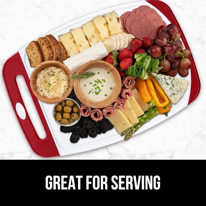 GORILLA GRIP BPA-Free Reversible Kitchen Cutting Board Set of 3, US Designed, Nonporous, Juice Grooves Catch Liquid, Slip Resistant Border, Dishwasher Safe, Durable Large Food Chopping Boards, Red