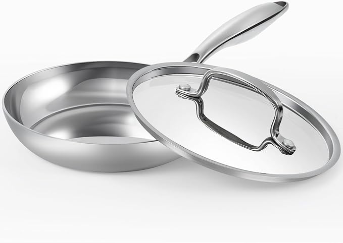 USELUCK Stainless Steel 8 Inch Frying Pan, Tri-ply Clad Base Non-toxic Skillets with Stainless Steel Lid, Fast and Even Heating Stay Cool Handles Induction Dishwasher & Oven Safe PFOA Free Cookware