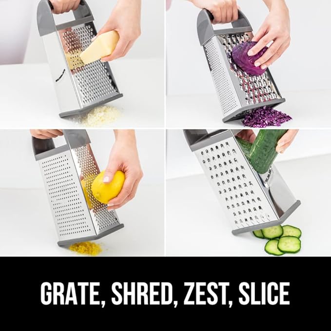 GORILLA GRIP 4-Sided Stainless Steel Cheese Grater With Container, 100% BPA-Free Box Grater, Slip Resistant Base and Handle, Grate Parmesan, Hard Cheeses, Shred Vegetables, Dishwasher Safe, Gray