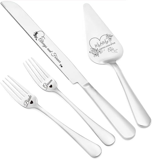 4 Pieces Wedding Cake Cutting Set Knife and Forks Set Wedding Cake Knife and Server Set Sliver Forks Engraved Mr. and Mrs.for Engagements, Anniversaries, Bride and Groom (Silver GROOM&BRIDE)