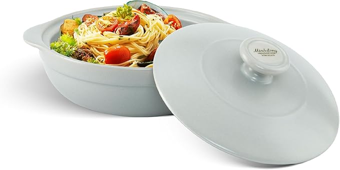 MINH LONG 2-Qt Porcelain Dutch Oven with Lid – Lead & Cadmium Free, Oven Safe to 482°F, Heat Retention, Clay Pot for Cooking on Gas & Infrared Cooktop, Use to Marinate, Cook, Bake, Refrigerate & Serve