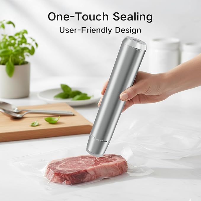 Vacuum Sealer for Food, Premium Stainless Steel Cordless Vacuum Sealer Machine with 10 Reusable Vacuum Bags, Compact Handheld Food Preservation System for Kitchen, Long-Lasting Freshness