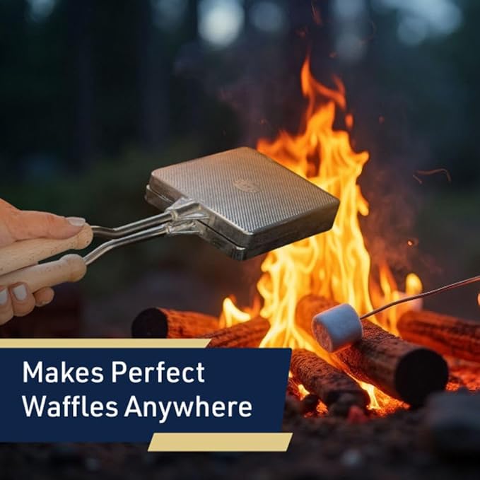 Waffle Maker for Stovetop or Campfire Cooking Equipment - Aluminum Flip Pan Belgian Waffle Iron with Handles - Portable Camping Toaster Great for Kitchen and Camping Cookware by Kings County Tools