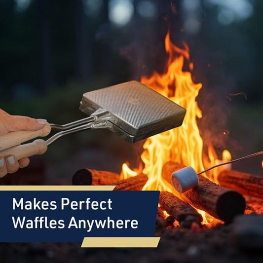 Waffle Maker for Stovetop or Campfire Cooking Equipment - Aluminum Flip Pan Belgian Waffle Iron with Handles - Portable Camping Toaster Great for Kitchen and Camping Cookware by Kings County Tools