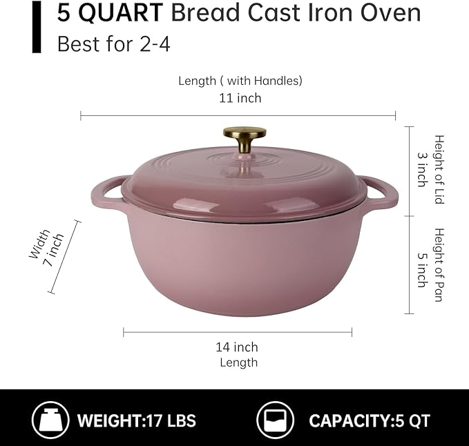 Fijxzct Premium Enameled Cast Iron Dutch Oven for Bread Baking | Non-Stick 5.5QT Oval Bread Oven with Lid | Perfect for Sourdough, Loaf, and Artisan Baking (Round Pink, 5.5 QT)