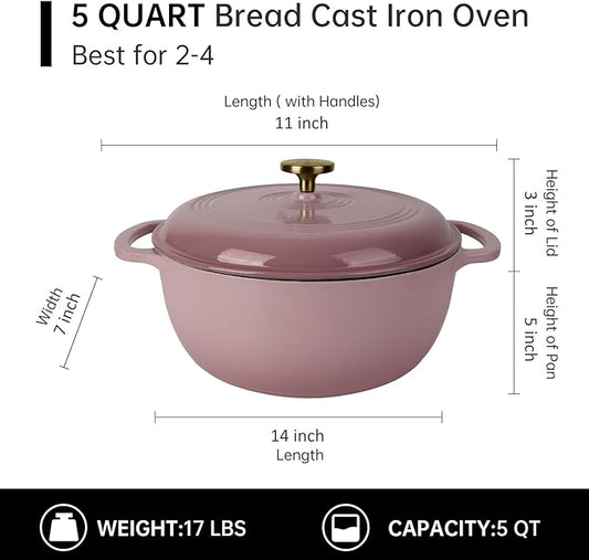 Fijxzct Premium Enameled Cast Iron Dutch Oven for Bread Baking | Non-Stick 5.5QT Oval Bread Oven with Lid | Perfect for Sourdough, Loaf, and Artisan Baking (Round Pink, 5.5 QT)
