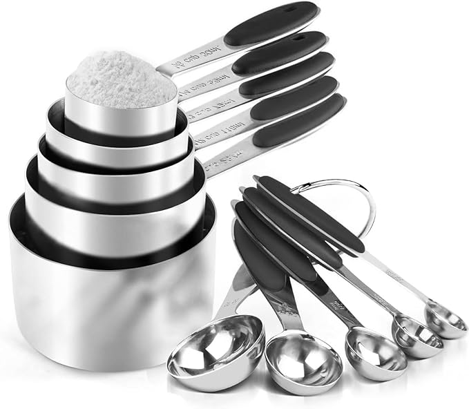 Measuring Cups and Spoons Set, Set of 10 Stainless Steel Measuring Cups and Spoons, with Silicone Handles, Stackable, Easy to Store for Kitchen, Cooking, Baking (Black)