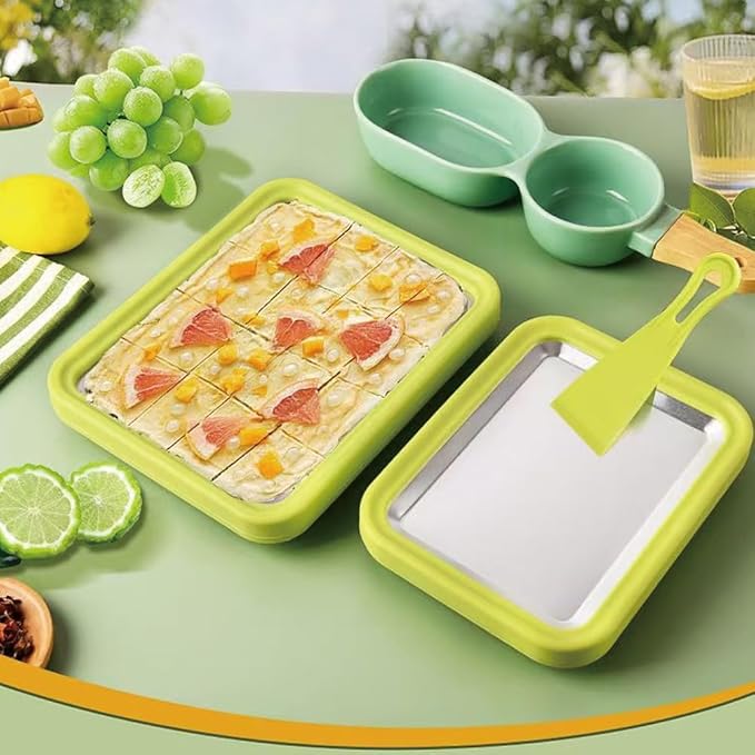 Rolled Ice Cream Tray, Ice Cream Maker for Kids, DIY Homemade Rolled Ice Cream Tray, Instant Freeze Plate with 2 Scrapers, Suitable for Family, School, Party, DIY Dessert Making. (White) (Green)