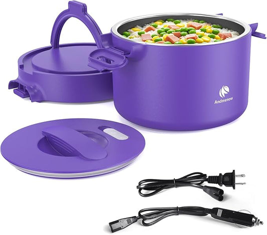 Electric Lunch Box, Portable Food Warmer for Car Truck and Office, Portable Heater 110V & 12V 24V 50W Stainless Steel Food Heater, with Spoon Fork Carry Bag (Youthful Purple)