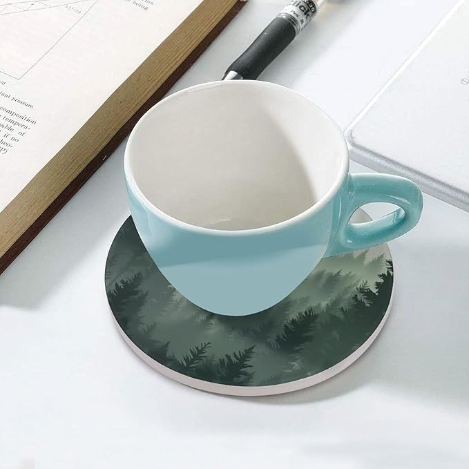 Round-6PCS Forest Ceramic Coasters, Round Absorbent Drink Coasters, Watercolor Green Forest Flying Birds Nature Mountain Tree Woodland Ceramic Table Coasters for Coffee, Beverage, Wine, Beer Coasters