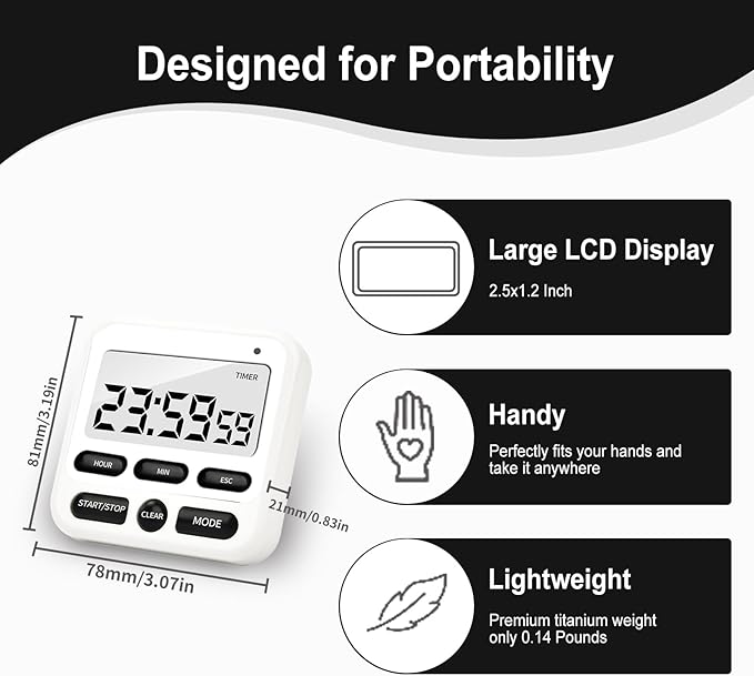 Multifunctional Kitchen Timer with Silent/Alert Mode, 24-Hour Clock, Memory Recall, Fast-Forward, and Magnetic Back for Cooking, Baking, Teaching(White)