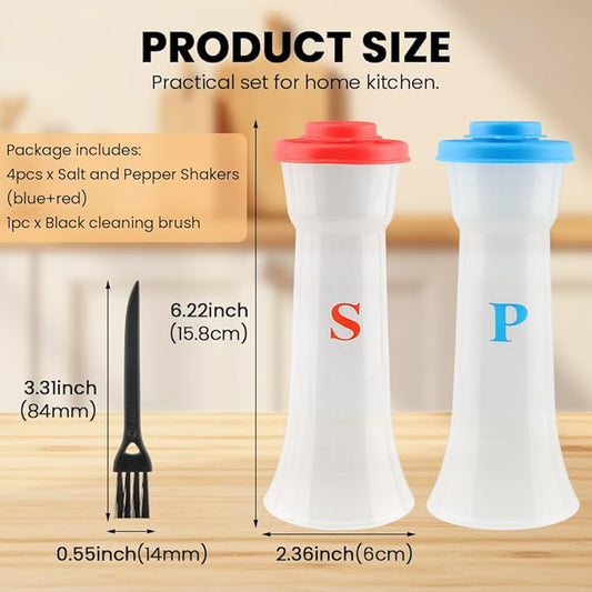 Salt and Pepper Shaker Set, Plastic Salt and Pepper Shaker Set with Lids,Airtight Spice Jar Dispenser for Restaurant Cleaning Brush Camping Home Kitchen Picnic (COLOR:2pcs Blue+2pcs Red)