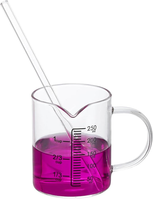PATIKIL 250ml Glass Measuring Cup, Borosilicate Glass Beaker Graduated Liquid Measure Cups with Straw V-Shaped Spout for Kitchen Drinking Restaurant, Black Printed Scale