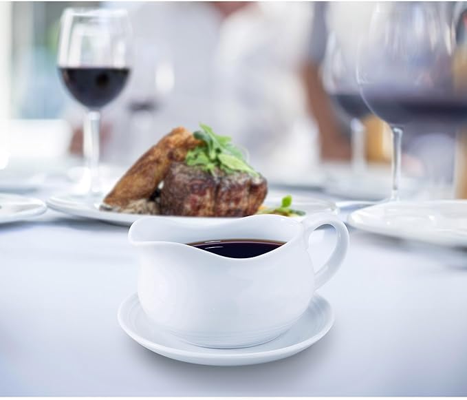 HIC Kitchen Hotel Gravy Boat With Saucer, Fine Porcelain, 24-Ounce Capacity For Gravy, Sauce, Au Jus, Dressing, Holiday Meals, And Entertaining