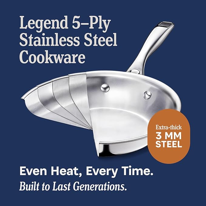 LEGEND COOKWARE 5-Ply Stainless Steel 12-Quart Stock Pot with Lid - Induction Compatible, Oven Safe 800°F - Non-Toxic, No Coatings - Even Heating, Won't Warp - Built to Last Generations