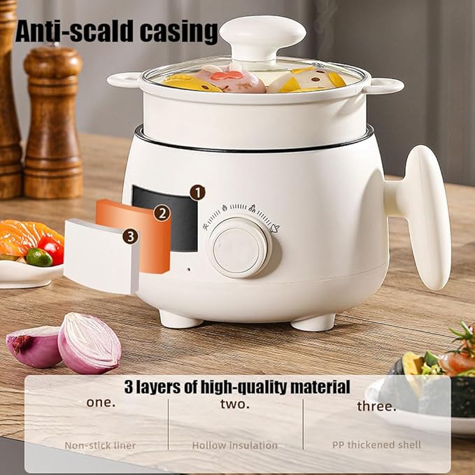 Portable Multifunctional Non-stick Electric Pot, Mini Portable Electric Hot Pot with Steamer, 3 Heat Settings, 2L Non-stick Noodle Cooker for Steaming Boiling Stir-Frying (Stainless Steel Steamer)