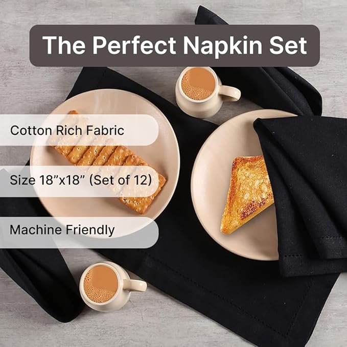 LFH Home Hemstitched Cloth Dinner Napkins 18x18 Inch Set of 12 - Reusable 100% Cotton Machine Washable Cocktail Napkins with Metered Corners for Daily, Party, Wedding, Bar Use - Black