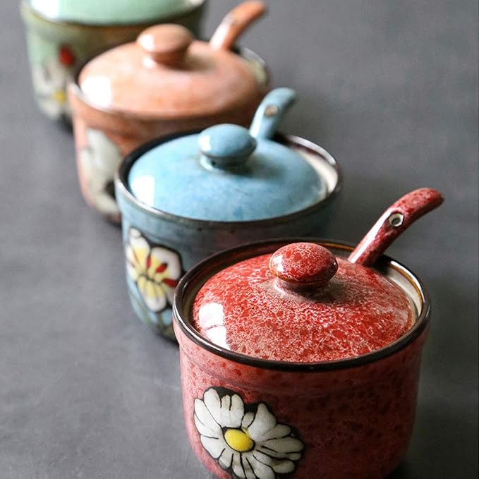 VanEnjoy Traditional China Retro Hand Painted Flower Ceramic Round Sugar Spice Containers Porcelain Jar with Spoon Round Condiment