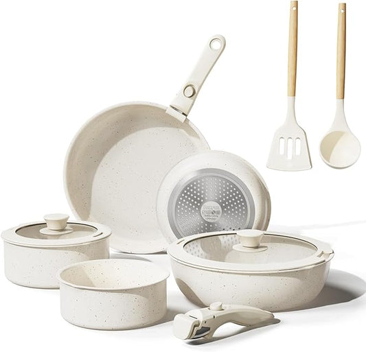 11 Pcs Pots and Pans Set Non Stick with Removable Handles,Ceramic Cookware Set Non Toxic,Induction Kitchen Cooking Sets,Nonstick RV Cookware,Dishwasher/Oven Safe,PFAS/PTFE/PFOA Free,Cream White