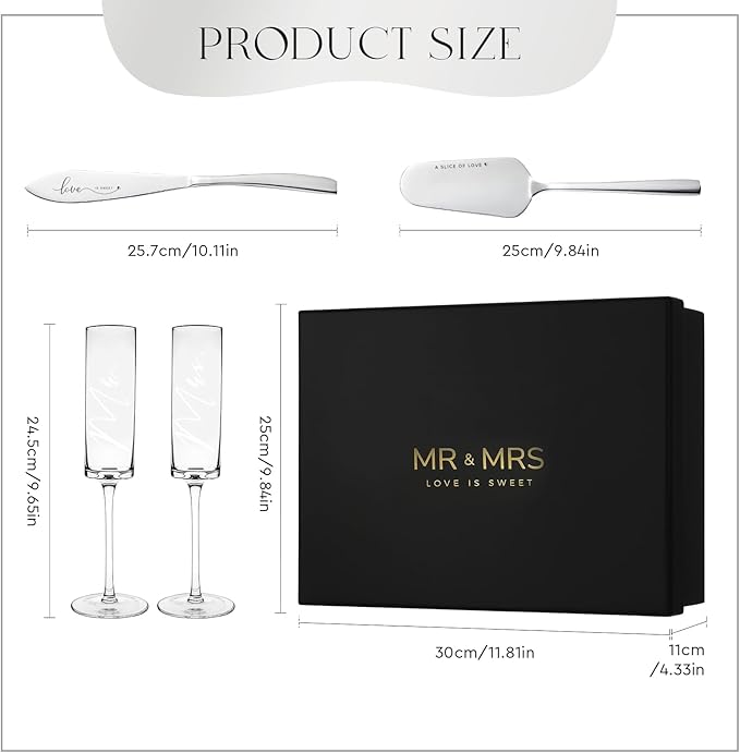 AW BRIDAL Engagement Bridal Shower Wedding Gifts for Newlywed Couples 2025, Anniversary Mr Mrs Champagne Flutes Toasting Glasses, Wedding Silver Cake Knife and Server Set with Gift Box for Bride Groom