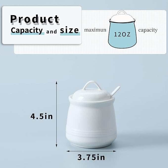 HAOTOP Porcelain Sugar Bowl, Ceramic Salt Bowl with Spoon and Lid for Home and Kitchen, 12 Ounces (White)