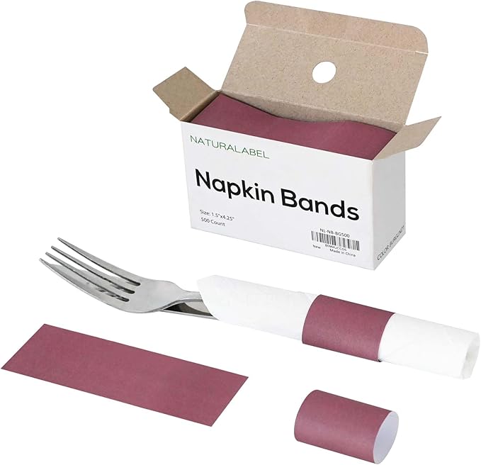 NATURALABEL 500 PCS Paper Napkin Rings with Box, Self-Adhesive Napkin Bands, for Family Meal, Birthday Party, Wedding, Celebration (Burgundy)