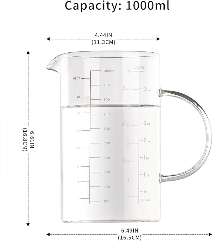 1000ml/4 Cup Measuring Cup,Glass Measuring Cup with Handle,Measuring Pitcher for Kitchen,Baking,Cooking,Restaurant