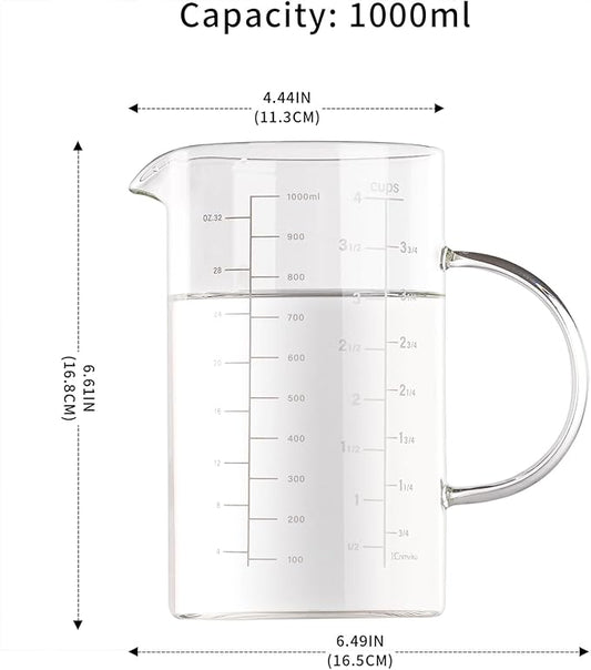 1000ml/4 Cup Measuring Cup,Glass Measuring Cup with Handle,Measuring Pitcher for Kitchen,Baking,Cooking,Restaurant