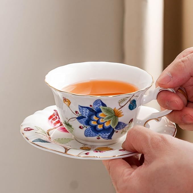 Jomop Ceramic Tea Cups Coffee Cup and Saucers Set of 4 (Blue and Red)
