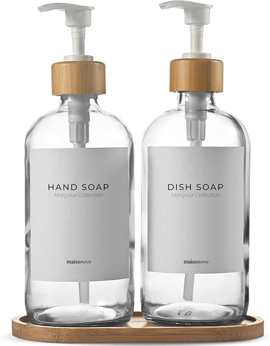MaisoNovo Glass Dish Soap Dispenser for Kitchen Set of 2-16.9oz Clear Dish and Hand Soap Dispenser Set for Kitchen - Clear Glass Bottles x 2 with White Bamboo Pumps & Tray