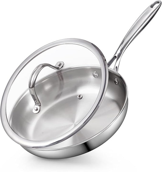 Cooks Standard Stainless Steel Frying Pan with Lid, 8-Inch Multi-Ply Clad Wok Stir Fry Pan, Kitchen Skillet, Silver