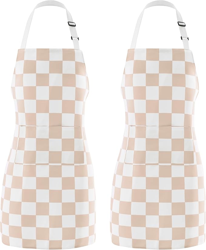 2 Pack Checkered Kitchen Apron, Beige Checkerboard Aprons for Women with Pockets, Chef Apron for Men, Waterproof Aprons for Cooking