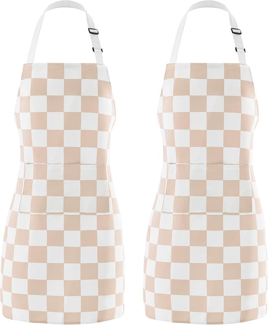 2 Pack Checkered Kitchen Apron, Beige Checkerboard Aprons for Women with Pockets, Chef Apron for Men, Waterproof Aprons for Cooking
