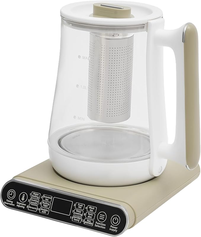 Bepritm 1.8L Multifunctional Electric Glass Kettle & Health Pot – 100-800W Hot Tea Maker, Auto Boiling Water Kettle with Filter, for Coffee, Herbal Decoction & Soup (110V) (White)