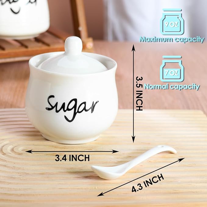 Ceramic Sugar Bowl with Lid and Spoon,Porcelain Sugar Jar Sugar Dispenser,White Sugar Container for Coffee Bar Home and Kitchen Decor 7 Ounces