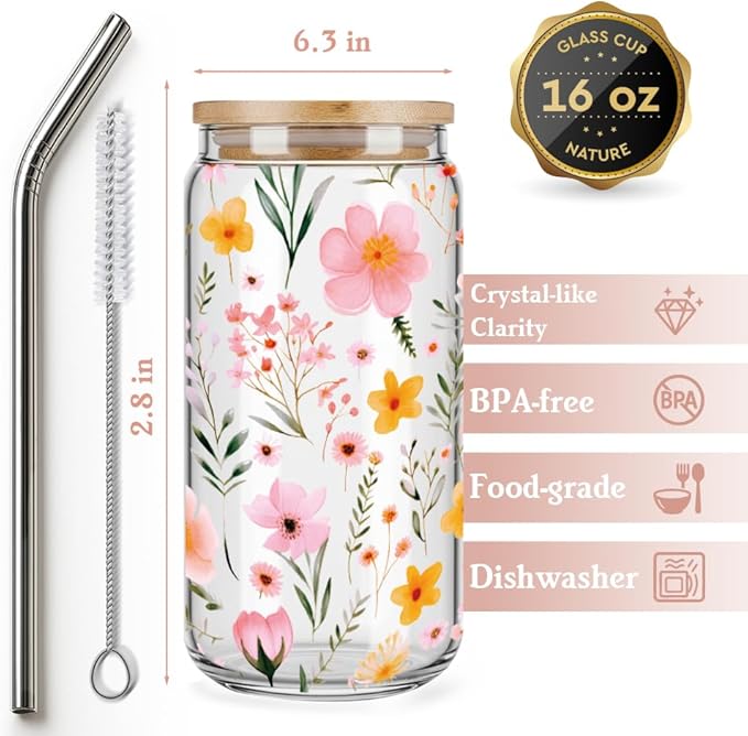 Wildflower Glass Coffee Cups with Lids and Straws Gifts for Women,Frriend,Sister,16oz Cute Wildflower Iced Coffee Drinking Glass Gifts for Birthday Christmas Bridesmaid Party Bridal Shower