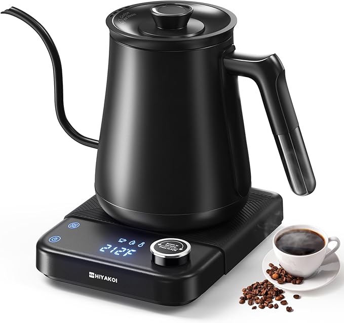 HIYAKOI Gooseneck Electric Kettle with ±1℉ Temperature Control, Pour Over Kettle for Coffee & Tea, 1200W Rapid Heating, Stainless Steel Water Boiler with 12H Keep Warm & Built-in Timer, 0.8L/27oz