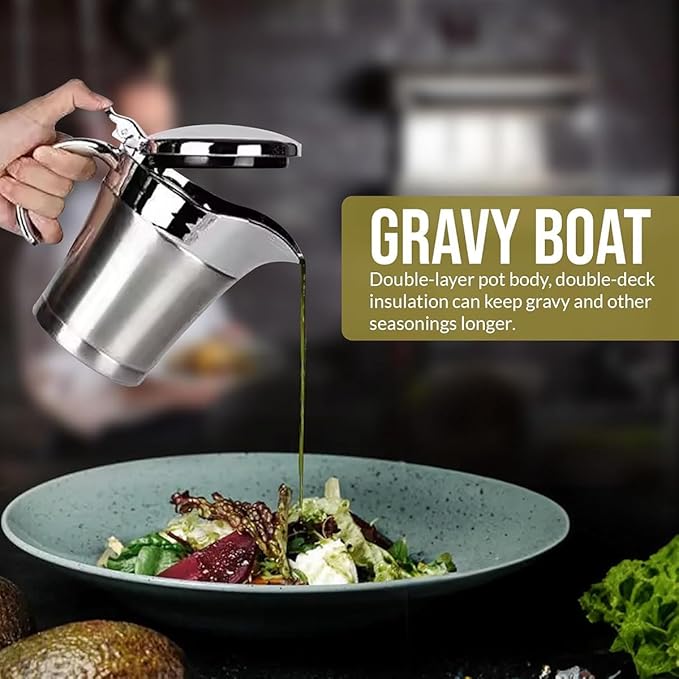 Stainless Steel Insulated Gravy Boat with Lid – 450ML/16OZ Double Insulated Gravy Pitcher for Hot & Cold Sauces – Sauce Jug with Hinged Lid, Ideal for Gravy or Cream at Thanksgiving, Gravy Pitcher