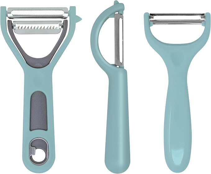 Vegetable Peeler 3-Piece Set – Swivel Cutter, Y-Shaped Slicer, and Julienne Peeler with Bottle Opener and Built-in Eye Remover – Stainless Steel Blade with Comfortable Handle for Kitchen – Pastel Blue
