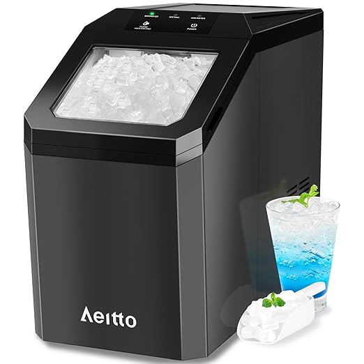 Aeitto Nugget Ice Maker Countertop, 55lbs/Day, Rapid Ice Release in 5 Mins, Large Capacity Chewable Ice Maker, Self-Cleaning with Stainless Steel Housing Ice Machine for Home Office and Party, Blcak