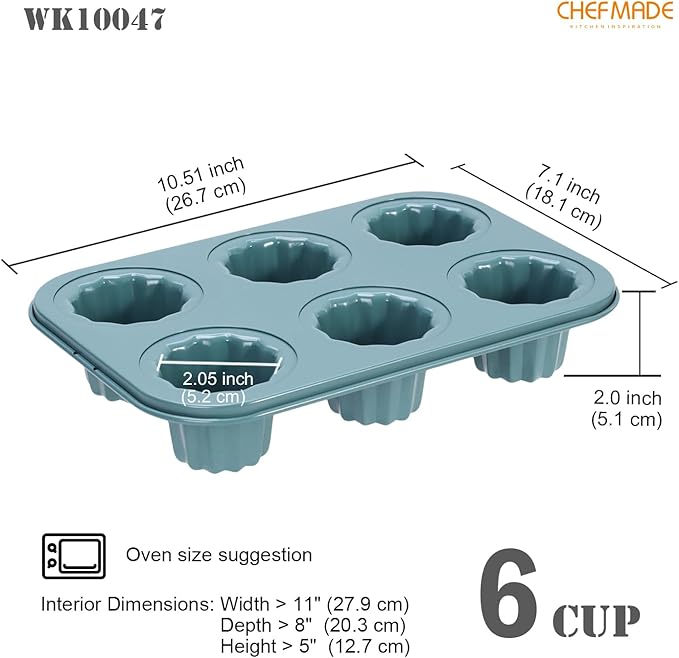 CHEFMADE Canele Mold Cake pan, 6-Cavity Muffin Pan, Non-Stick Cupcake Baking Pan Heavy Duty Carbon Steel Pan Muffin Tins Standard Baking Mold for Oven Baking（Green）