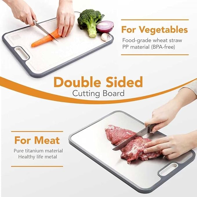 Titanium Cutting Board for Kitchen, 2-in-1 Double-Sided with Food Grade Pure Titanium & Wheat Straw PP, Easy to Clean, Large Size 16” x 11”