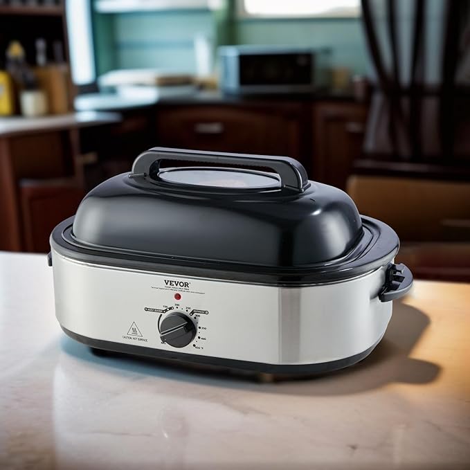 VEVOR Electric Roaster Oven, 22 QT Turkey Roaster with Self-Basting Lid, 1450W Roaster with Defrost & Warm Function, Adjustable Temp, Removable Pan & Rack, Fits Turkeys Up to 26LBS, Silver