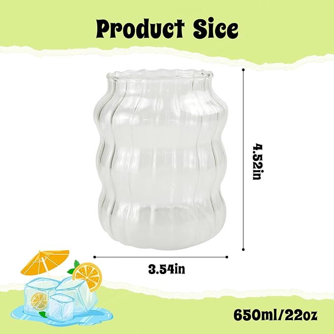 Ribbed Glass Cup 22 Oz Vintage Drinking Glassware Creative Ripple Glasses for Iced Coffee Juice Beverage Milk Cocktail Cute Wavy Glass Cups
