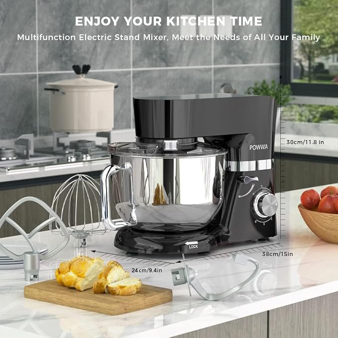 POWWA 6.5 Quart Electric Mixer, 6+1 Speed 660W Tilt-Head Kitchen Food Mixers with Whisk, Dough Hook, Mixing Beater & Splash Guard for Baking, Cake, Cookie, Kneading, ETL Certified (Black)