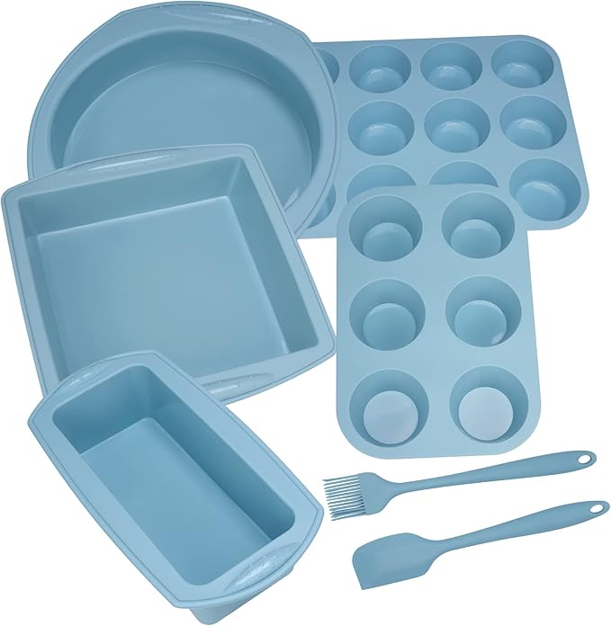 Economical 7in1 Nonstick Silicone Baking Cake Pan Cookie Sheet Molds Tray, Heat Resistant Bakeware Tools for Muffin Loaf Bread Pizza Cupcake
